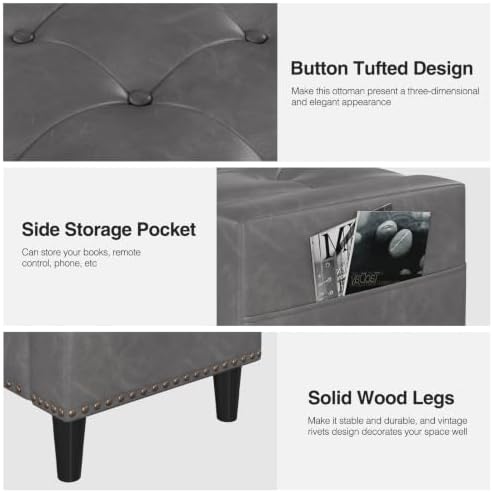 60" Storage Ottoman Bench, Faux Leather Upholstered Bed Bench, Grey