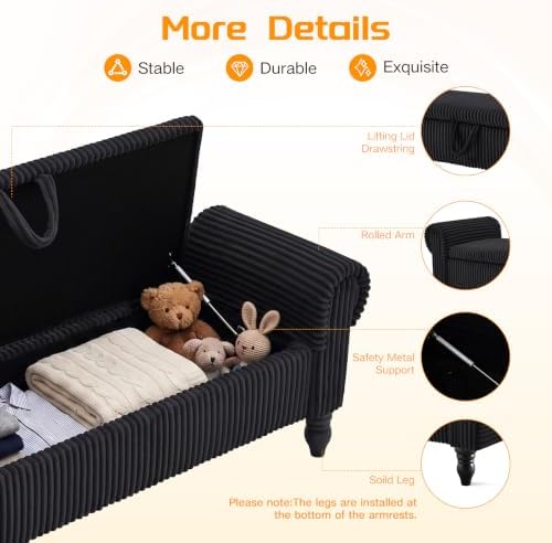55" Storage Ottoman Bench, Corduroy End of Bed Bench for Bedroom, Black