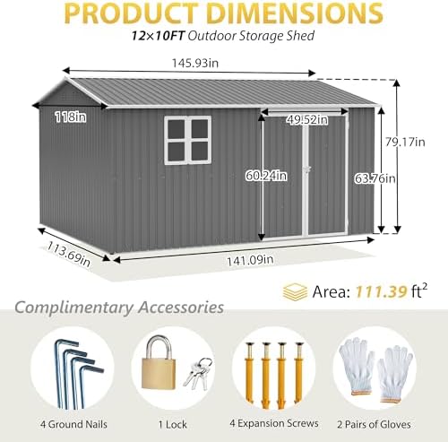 YOPTO 12x10 FT Outdoor Storage Shed,Metal Shed W/Window & Floor Frame,Garden Tool House W/Sloped Roof,Lockable Doors & Air Vents,for Backyard Patio Lawn,Gray