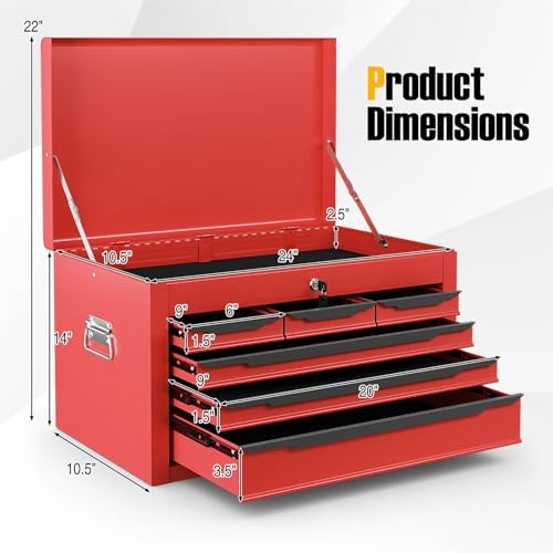Tool Box, 6-Drawer Steel Tool Chest with Top Storage Automatic Lock & EVA Liner, Portable Tool Storage Organizer for Repair Shop Garage Warehouse (Red)