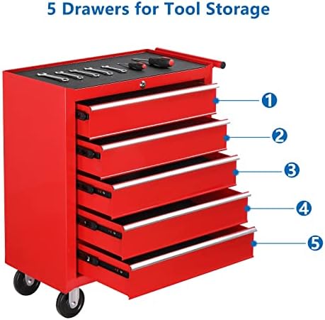 TUFFIOM 5-Drawer Rolling Tool Chest w/Drawers & Lock, Tool Storage Cabinet with Lockable Wheels, Top Cushion & Drawer Liners, Tool Organizer Box for Garage, Warehouse & Repair Sho