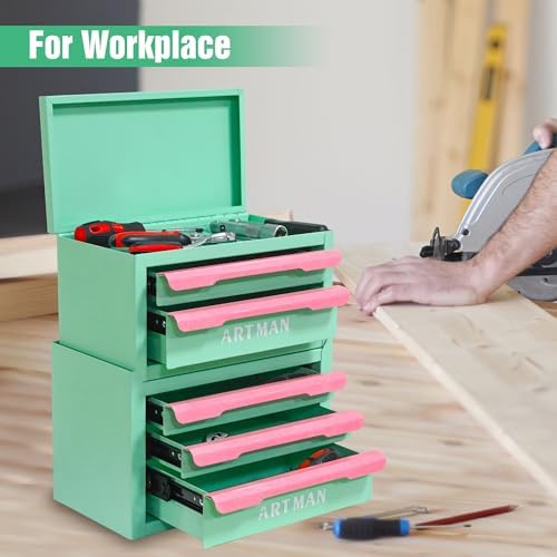 Mini Metal Tool Box, 2+3 Layer Portable Steel Small Tool Chest Cabinet,Stackable Desktop Organizer,Makeup & Stationery Storage Drawers with Handles for Home Office Workshop(Creamy Green & Pink)