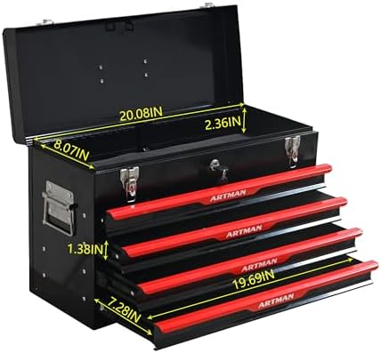 4 Drawer 21" Heavy Duty Metal Tool Box Portable Tool Chest with Metal Latch Closure & Security Key Lock, Top Storage Tray Toolbox with EVA Liners for Workbench, Garage & Warehouse (Black&Red)