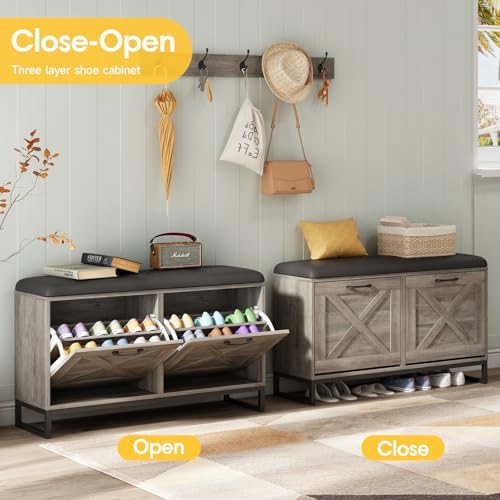 Maupvit Shoe Cabinet with 2 Flip Drawers & Coat Rack, Shoe Storage Bench with Seat Cushion for Entryway, 5 Large Sturdy Metal Hooks - with Locking Wall Parts, Washed Gray