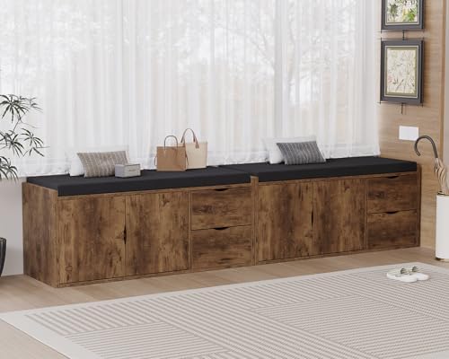 LVB Entryway Shoe Bench, Rustic Storage Bench with Cushioned Seating