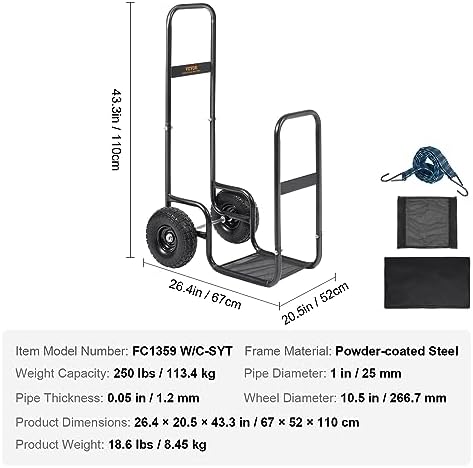 VEVOR Firewood Cart, 250 lbs Capacity, Black Heavy Duty Steel Dolly Hauler with PU Wheels & Waterproof Cover, Outdoor and Indoor Wood Rack Storage Mover, Firewood Carrier for Fireplace, Fire Pit