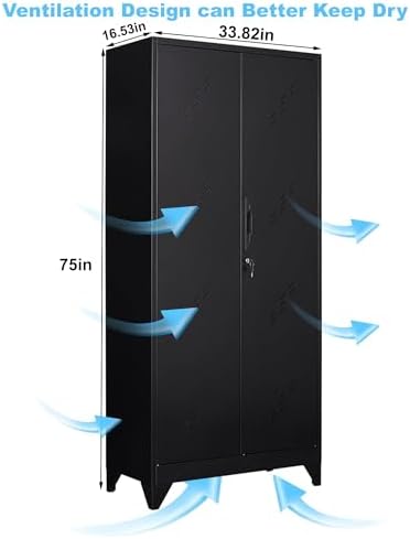 OSEILLC Metal Storage Cabinet with Locking Doors, 75" Tall Garage Cabinet with Hanging Rod, Broom Closet/Freestanding Bathroom Storage Cabinet, Cleaning Tool Storage