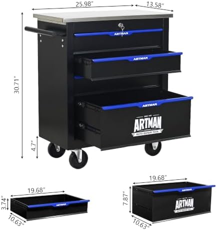 4-Drawer Rolling Tool Chest, Stainless Steel Countertop Mobile Tool Cabinet with Key Lock, 360° Swivel Wheels & Padded Feet, Portable Tool Storage Box for Home Garage Workshop, Black & Blue
