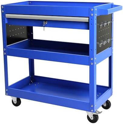 Tool Chest with Wheels, 3-Tier Rolling Tool Box with 1 Drawer & Hooks, Heavy Duty Utility Industrial Service Cart with Locking System Drawer for Garage, Warehouse & Repair Shop,Blue