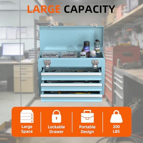 Portable Metal Tool Box – 3 Drawers Lockable Mini Toolbox, Heavy-Duty Tool Chest for Workshop & Garage (Blue)