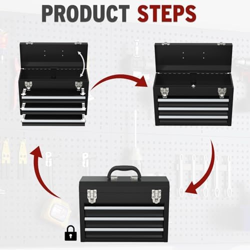 3 Drawers small Tool Box, Portable 3 Drawer Steel Tool Box with Locking System toolbox organization with Liner for Tools Storage (Black)