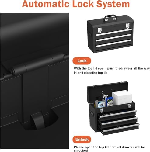 3 Drawer Metal Tool Box, Heavy Duty Steel Tool Chest with Ball Bearing Drawers, Portable Metal Toolbox with EVC Liners and Latches Closure, Powder Coated Tool Storage for Garage, Workbench & Home