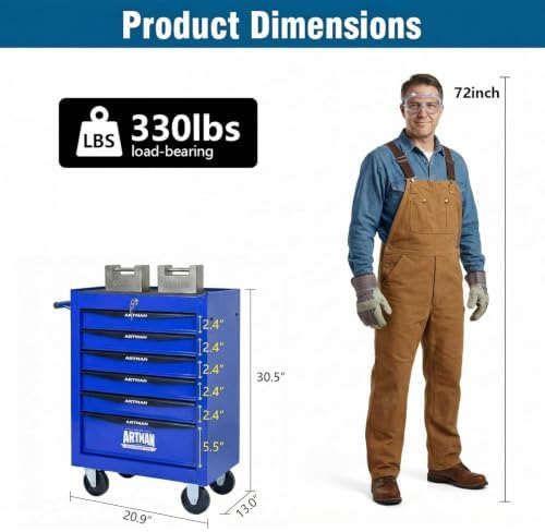 Heavy Duty 6-Drawer Rolling Tool Chest, Key Lock Tool Storage Cabinet with Lockable Casters & Drawer Liners, Mobile Tool Organizer Cart for Garage Workshop Warehouse Repair Shop (Blue)