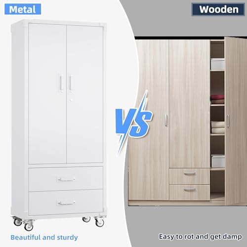 Metal Garage Storage Cabinet with Wheels, 2 Drawers and Pegboard, White