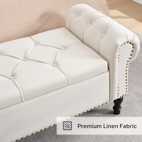 67 Inch Storage Bench for Bedroom, King Size End of Bed Bench, Upholstered Bench with Rolled Arms, Linen Tufted Button Storage Ottoman Benches, Living Room, Entryway, Cream Beige