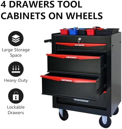 Heavy Duty 4-Drawer Rolling Tool Chest, Key Lock Tool Storage Cabinet with Lockable Casters & Drawer Liners, Mobile Tool Organizer Cart for Garage Workshop Warehouse Repair Shop (Black)