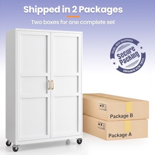 Metal Garage Storage Cabinet with Wheels, Wide & Deep Storage Cabinet with Door and Adjustable Shelves, 71" Rolling Tool Cabinet for Garage, Basement, Home Office