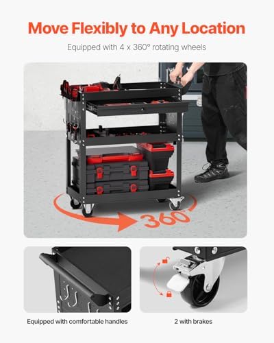 VEVOR 4-Tier Tool Cart with Wheels, 350 lbs Load Capacity, Rolling Work Cart with Drawer & Pegboard, Mechanic Tool Storage Organizer with Locking System for Garage, Warehouse and Repair Shop, Black