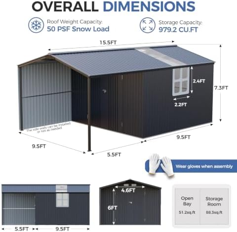 K Knowbody 10x15.5 FT Metal Storage Shed with Canopy，20-Gauge Frame
