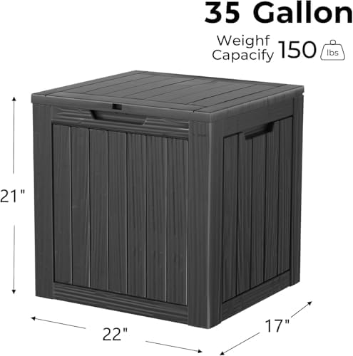 Outdoor Storage Box, 35 Gallon Waterproof Deck Box, Quick Snap-Lock Resin Cabinet for Seat Pillows, Patio Blankets, Lockable End Table Beverage Stand, Apartment Deck, Black