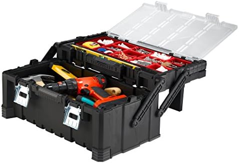 KETER 22 Inch Cantilever Plastic Portable Tool Box Organizer with Metal Latches for Small Parts, Hardware and Tool Storage and Organization