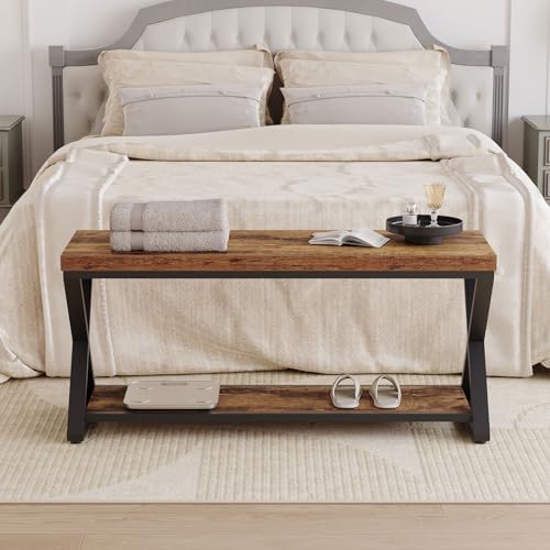 IBF Rustic Entryway Bench with Storage, Rustic Brown Wood and Metal Bench
