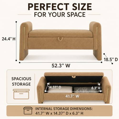 52" Upholstered Storage Bench, Brown, Armrests, Wood Frame