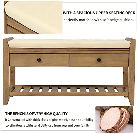 Merax Classic Wood Entryway Bench with Shoe Storge Wood Bench for Hallway Front Door Old Pine with Drawers and Seat Cushion Old Pine
