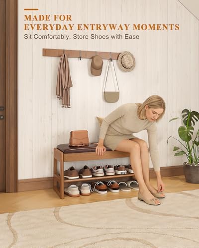 Shoe Rack Bench with Hidden Storage, 2‑Tier Solid Rubberwood Entryway Bench