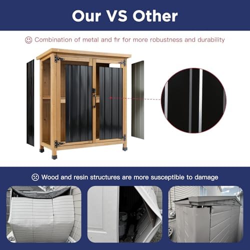 Wood & Metal Outdoor Storage Cabinet with Waterproof Roof, Garden Tool Shed with 4 T-Hinge, 4 Adjustable feet and Magnetic Door, 2 Removable Shelves, Easy Installation, 13.5" D x 34.5" W x 39" H