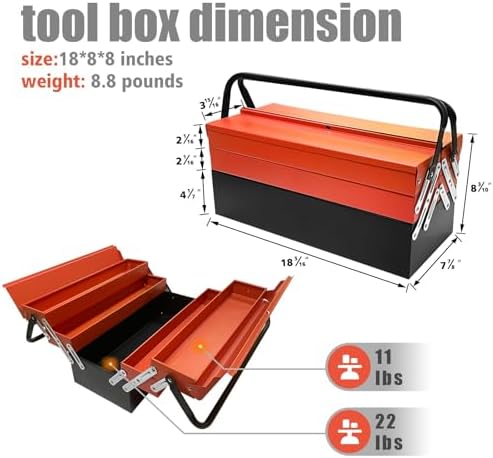 YATOINTO Metal Cantilever Tool Box, 18" * 8" * 8" Fold Out Tool Organizer with 3 Layers & 5 Trays, Portable Storage for Home, Studio, Auto Repair & Factory (Orange)