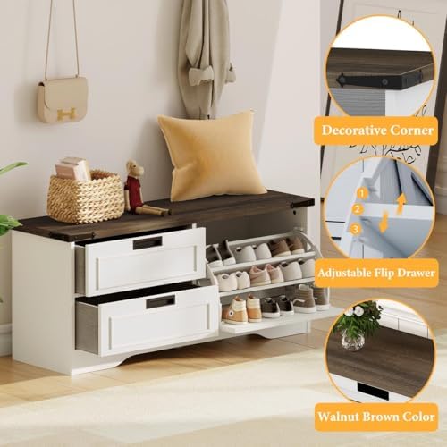 FATORRI Shoe Storage Bench with Flip Drawer, Wooden Entryway Bench, Modern Shoe Cabinet with Removable Drawers for Hallway, Living Room (Walnut Brown & White Oak)