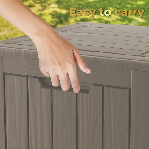 Outdoor Storage Box, 35 Gallon Waterproof Deck Box, Quick Snap-Lock Resin Cabinet for Seat Pillows, Patio Blankets, Lockable End Table Beverage Stand, Apartment Deck, Grey