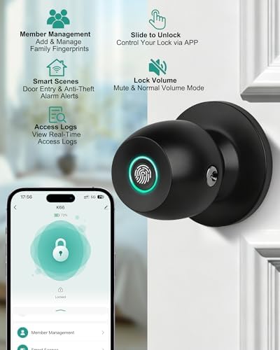 Fingerprint Door Knob Lock for Bedroom with App and Backup Keys