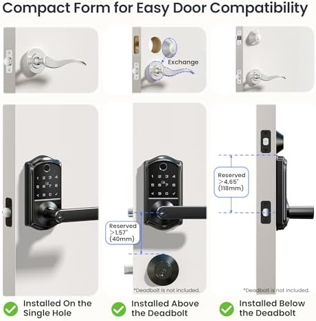 Veise VE019 Smart Lever Lock, Keypad Door Knob with Handle, Matte Black