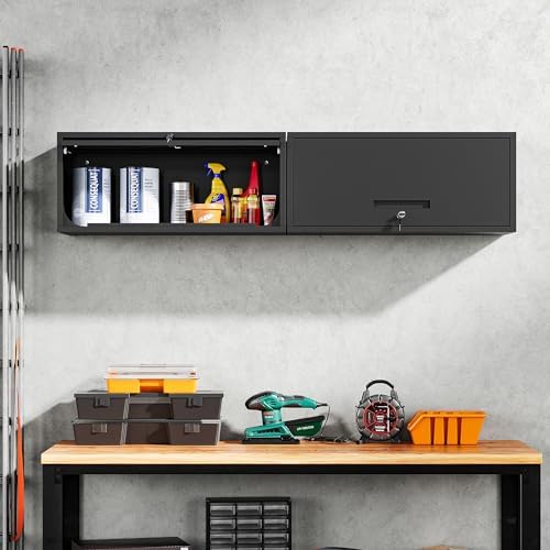 Yizosh Metal Garage Cabinet with Doors, Wall Mounted Storage Cabinet, Floating Tool Cabinet for Basement, Kitchen, Warehouse (Black, 13.7" H)