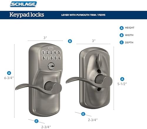 Schlage Electronic Keypad Lock, Lever Handle, Plymouth Trim, Matte Black