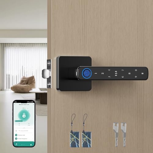 Fingerprint Door Lock-Smart Door knob, Biometric Door Lock, with App/Code/Backup Key/Fingerprint/IC Card, Keyless Entry Lock with Handle for Home Hotel Office Apartment Bedroom