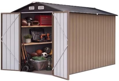 LAUSAINT HOME 8 x 10 FT Outdoor Storage Shed, Heavy Duty Galvanized Steel Storage Shed with Double Lockable Doors, Gable Roof & Air Vent for Backyard & Patio, Brown