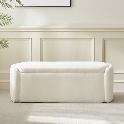 VKNOW Storage Bench, Upholstered Storage Ottoman Bench with Hinge, Cream