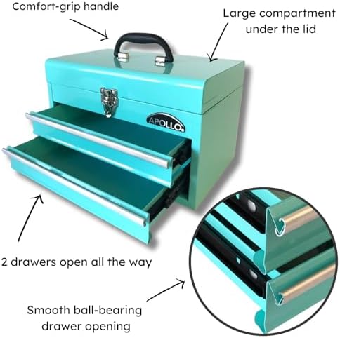 Apollo Tools 14 Inch Steel Tool Box, Aqua Green DT5010-GR