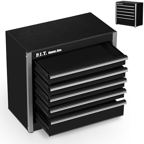 P.I.T. Mini Tool Box,Small Metal Toolbox Organizer with 5 Drawers,Black
