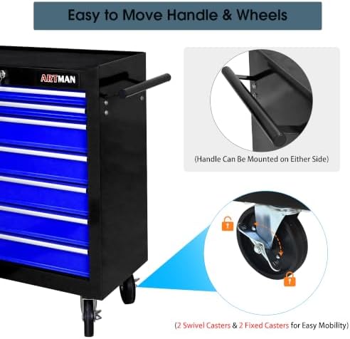 7 Drawers Rolling Tool Chest on Wheels, Multifunctional Tool Cart Tool Storage, Drawers Rolling Tool Trolley Organizer Tool Case for Garage,Warehouse,Workshop,Repair Shop (7 Drawers-Black&Blue)