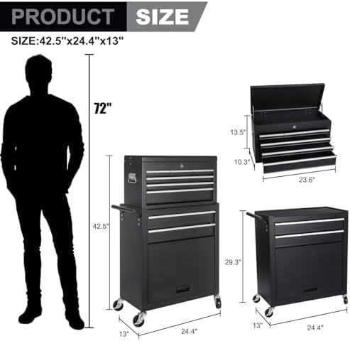 8-Drawer Rolling Tool Chest with Detachable Top Tool Box, Tool Cabinet with Universal Lockable Wheels, Mechanic Tool Organizer Storage Box for Garage Workshop Repair Shop Warehouse (Black)