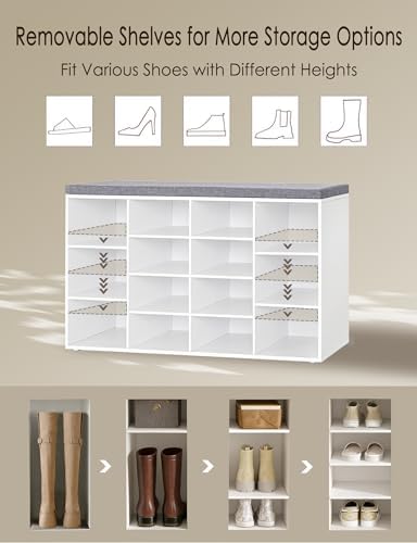 DINZI LVJ Shoe Storage Bench with Cushion, 14-Cubby Shoe Rack with Seat