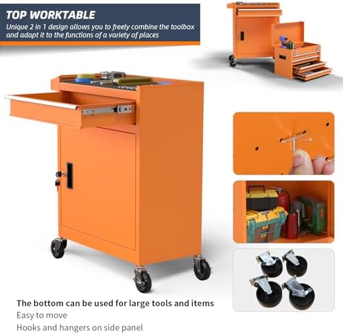 5-Drawer High Capacity Rolling Tool Chest, Removable Cabinet Storage Tool Box with Wheels and Drawers, Detachable Toolbox with Lock for Mechanics Garage Workshop and Tool Room (Orange)