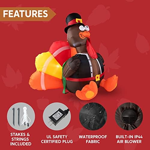 Joiedomi 6 FT Thanksgiving Inflatable Turkey Decorations, LED Light Up Turkey with Pilgrim Hat, Blow Up Decor for Thanksgiving Outdoor Decorations, Halloween Inflatable for Yard Garden