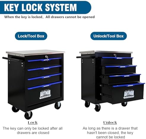 4-Drawer Rolling Tool Chest, Stainless Steel Countertop Mobile Tool Cabinet with Key Lock, 360° Swivel Wheels & Padded Feet, Portable Tool Storage Box for Home Garage Workshop, Black & Blue