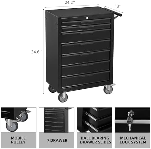 7-Drawer Rolling Tool Chest Cabinet, Large Capacity Metal Tool Box with Wheels and Keyed Locking, Roll Around Storage Organizer Tool Cart for Garage, Warehouse, Work Shop (Black)