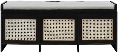 SOFTSEA 48" Shoe Storage Bench with Cushion, 2-Tier Entryway Bench with 3 Rattan Storage Drawers & Lift Top Storage, Retro Shoe Cabinet for Hallway, Bedroom, Living Room, Black